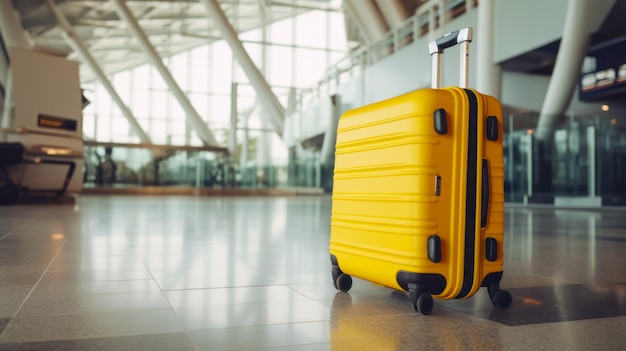 Gelbes Gepäckstück liegt auf dem Fliesenboden im Flughafen Generative AI