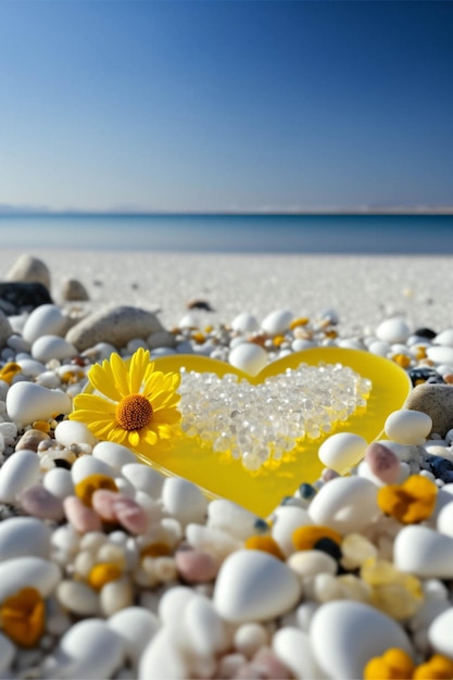Gelbes herzförmiges Objekt, das auf einem generativen Strand am Strand sitzt