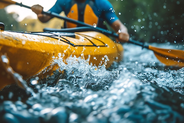 Gelbes Kajak auf dem Fluss, KI generiert