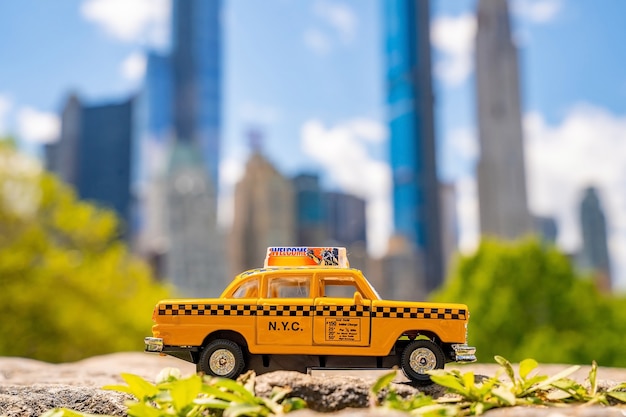 Gelbes klassisches Taximodell, das an einem sonnigen Tag im Central Park in New York geparkt ist