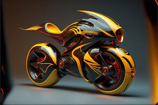 Gelbes Motorradmodell im futuristischen Scifi-Design mit realistischen Details