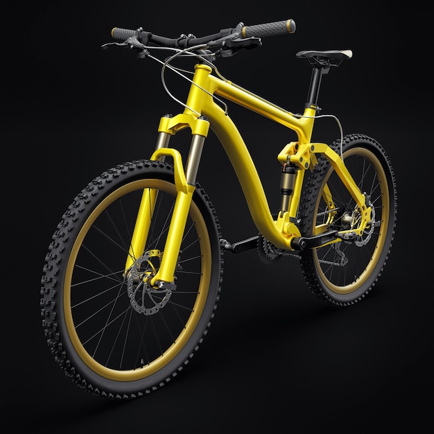 Gelbes Mountainbike auf einem isolierten schwarzen Hintergrund 3D-Rendering