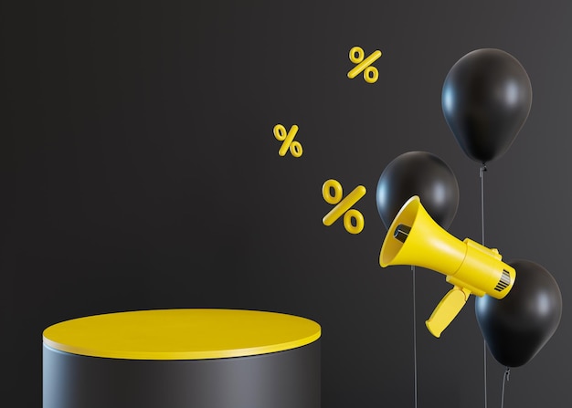 Gelbes Podium mit schwarzen Ballons, Megaphon und Rabattschildern Black Friday Sale Sonderangebot guter Preis Deal Shopping Szene für kosmetische Produktpräsentation Mock-up-Bühne 3D-Rendering