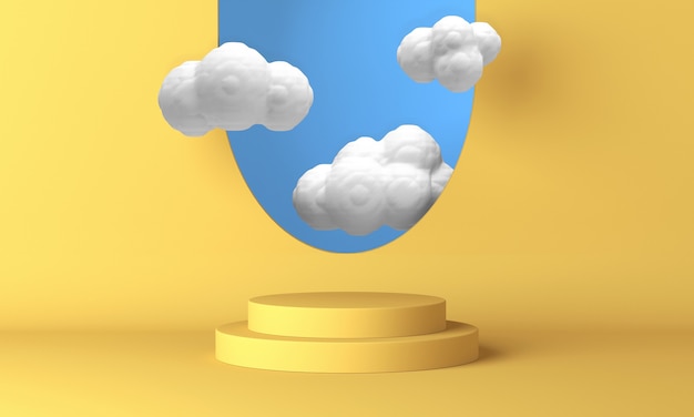 Gelbes Podium mit weißen Wolken, die durch das Fenster fliegen. 3D-Rendering.