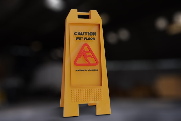 Gelbes Schild mit Warnung vor nassem Boden, nassem Bodenschild in der Fabrik der herabfallenden Person Vorsicht