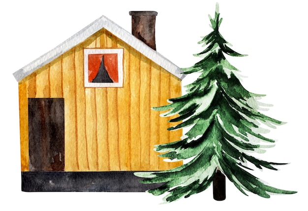 Gelbes skandinavisches Holzhaus mit Schornstein und Tannenbaum-Aquarellelement