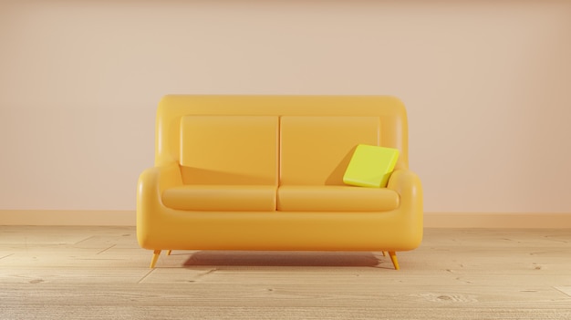 Gelbes Sofa auf Raum, 3D-Wiedergabe