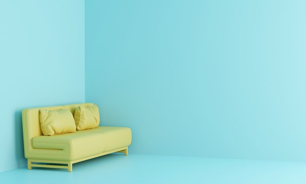 Gelbes Sofa im hellblauen Raum. 3D-Rendering.