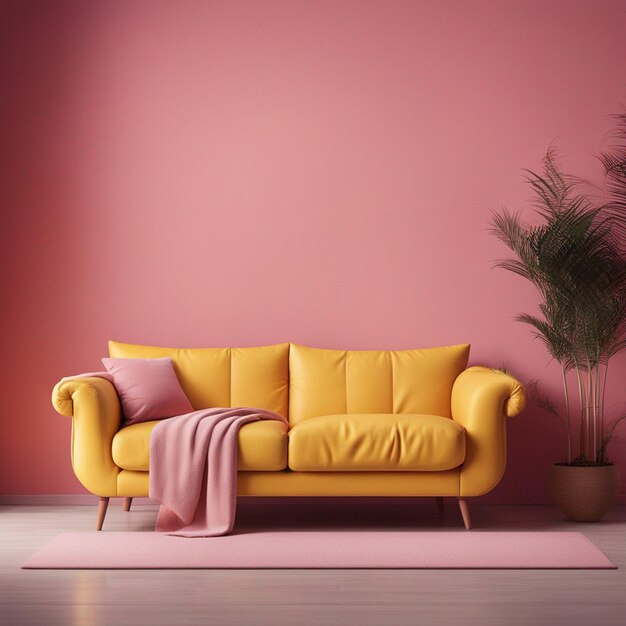 Gelbes Sofa im Wohnzimmer mit Kopierraum und sonnigen Schatten