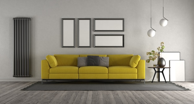 Gelbes Sofa in einem minimalistischen Interieur mit leerem Rahmen, Couchtisch und vertikalem Heizkörper - 3D-Rendering