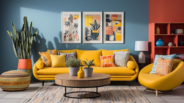 gelbes Sofa mit einem gelben Sofa und einem gelben Osmanen