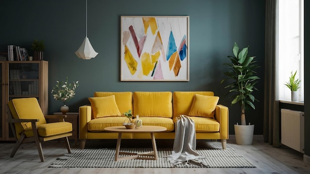 Gelbes Sofa und ein Holztisch im Wohnzimmerinterieur mit Pflanze