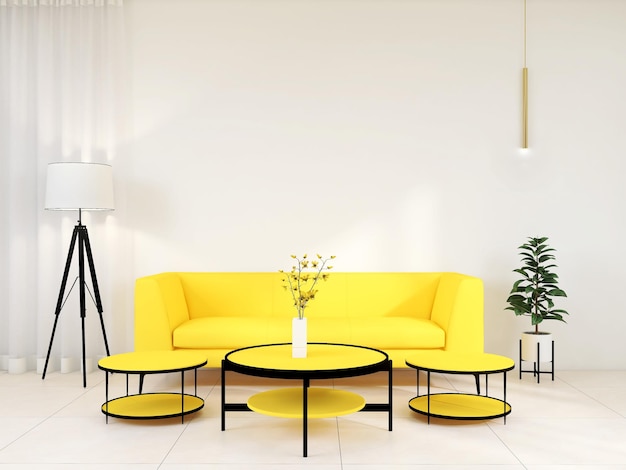 Gelbes Sofa und weißer Hintergrund Wohnzimmer Innenarchitektur 3D-Rendering