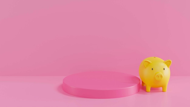 Gelbes Sparschwein auf einem Podium mit rosa Hintergrund 3D-Rendering Geld sparen Konzept Rosa Hintergrund