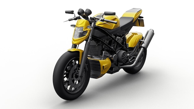 Gelbes Supersportmotorrad auf weißem Hintergrund. 3D-Darstellung.