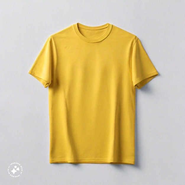 gelbes T-Shirt flach auf einem hellgrauen Hintergrund gelegt