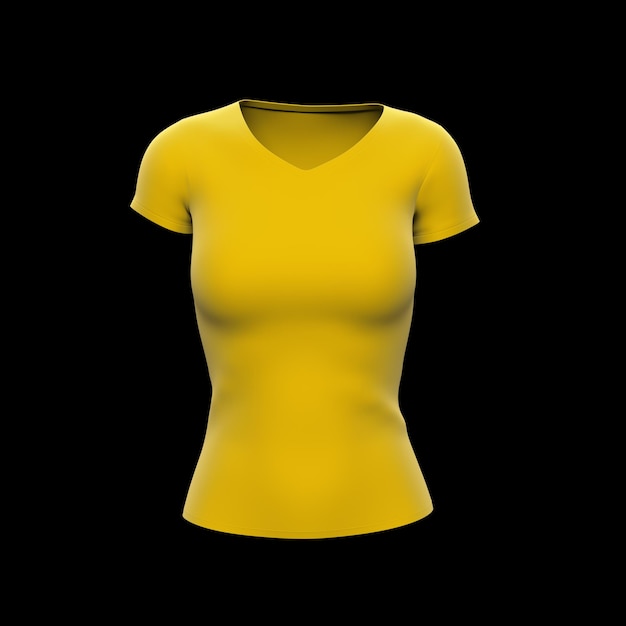 Gelbes T-Shirt für Frauen über schwarzem Hintergrund Isolierte kreative Layout-Mockup und Raum für Text