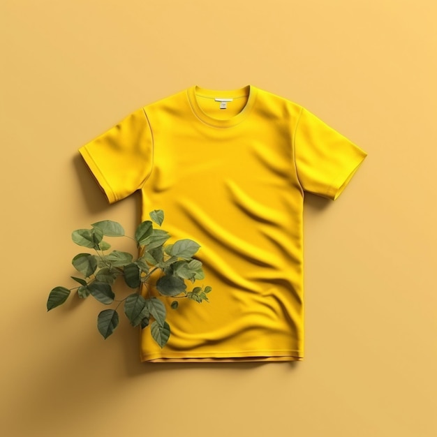 Gelbes T-Shirt-Modell auf dynamischem, einfarbigem Hintergrund. Hemd-Modell-Set, gelbes T-Shirt-Modell vorne