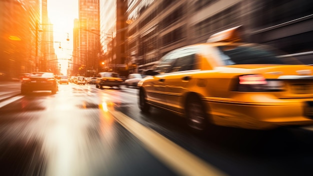 Gelbes Taxi auf einer regnerischen Stadtstraße