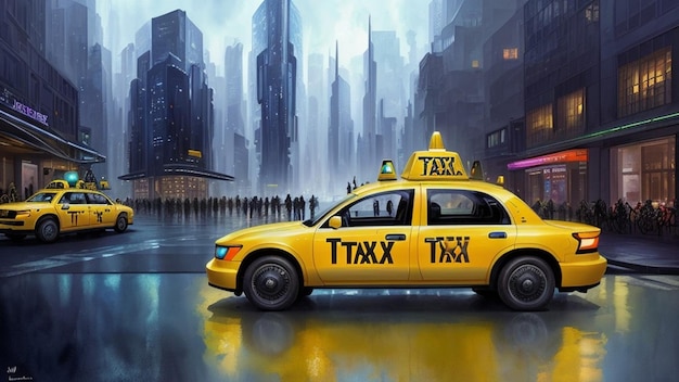 Gelbes Taxi in einer futuristischen Stadt der Zukunft