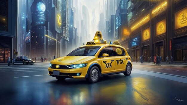 Gelbes Taxi in einer futuristischen Stadt der Zukunft