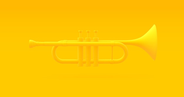 Foto gelbes trompeten-musikinstrument auf einem gelben studio-hintergrund frontview minimal-konzept 3d