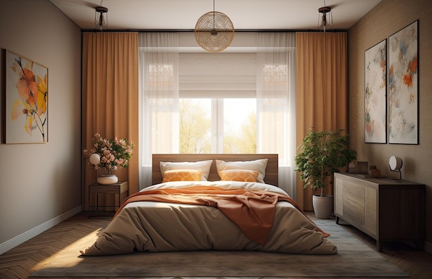 Gelbes und warmes modernes Schlafzimmer mit neutralem Holzinterieur AI Generative