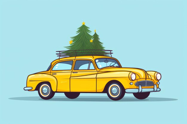 Gelbes Vintage-Retro-Auto mit Weihnachtsbaum auf dem Dach auf blauem Hintergrund Seitenansicht Frohe Weihnachten und frohes Neujahr-Grüßkarte mit Kopierraum Generative KI