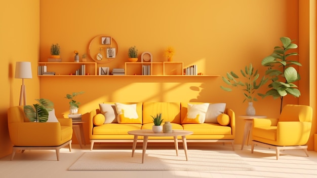 gelbes Wohnzimmer mit gelben Möbeln und einer Pflanze auf einem Regal generative ai