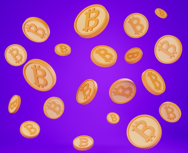 Foto gelbgold-bitcoins fliegen über violetten hintergrund kryptowährungs-aktienhandelsmarkt und blockchain-technologiekonzept