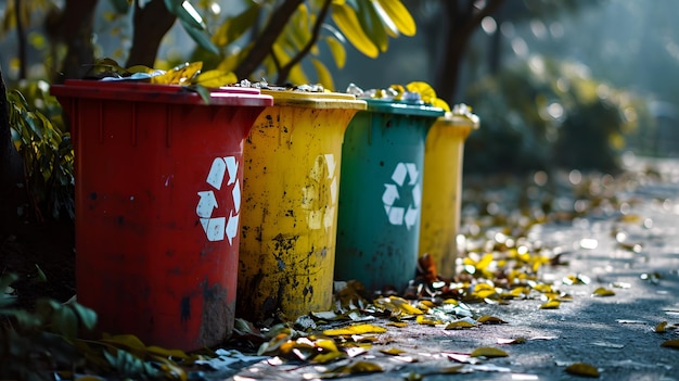 Gelbgrüne und rote Mülltonnen mit Recycling-Symbol Konzept der getrennten Sammlung von Abfällen