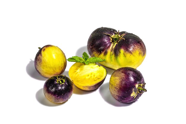 Gelbviolette Tomatensorte Primärfarben isoliert auf weißem Hintergrund