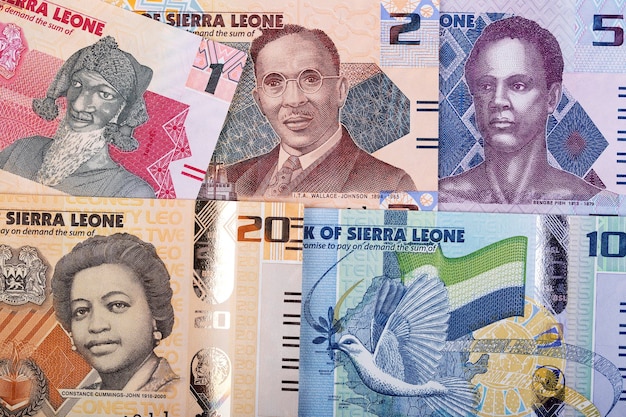 Geld aus Sierra Leone hat einen geschäftlichen Hintergrund aus einer neuen Serie von Banknoten