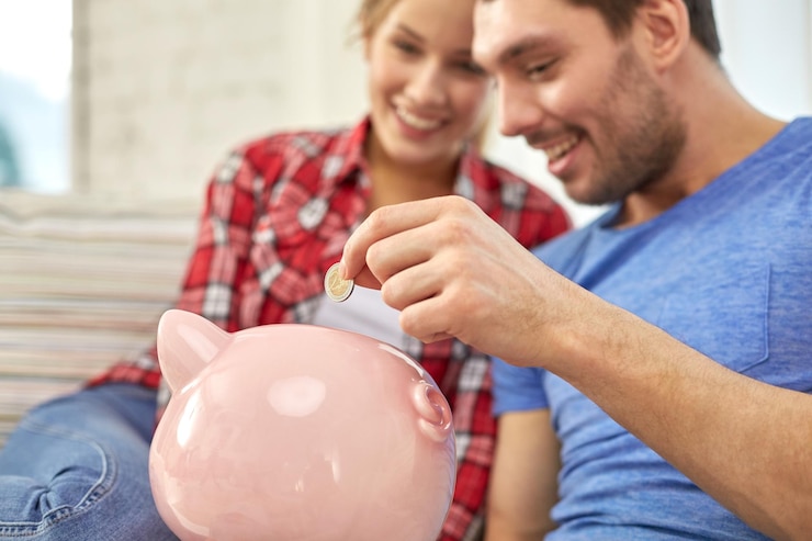Foto geld-, haus-, finanz- und beziehungskonzept - nahaufnahme eines paares mit sparschwein, das auf dem sofa sitzt