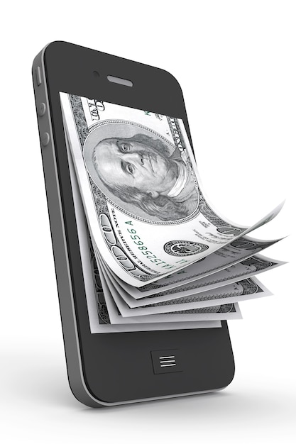 Geld im Handy auf weißem Hintergrund