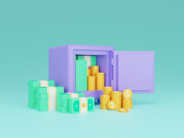 geld sparen offener safe mit banknoten und münzen stapelkonzept 3d illustration