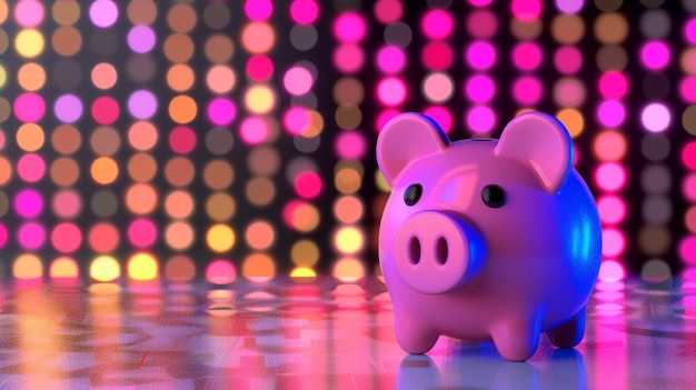 Geld sparen von Pink Piggy Bank Konzept von Sparen und Investitionen Piggy Bank auf einem futuristischen Hintergrund mit Grafiken und Diagrammen