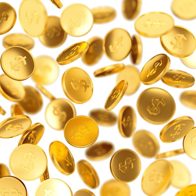 Geld verdienen, Geschäftserfolg, Finanzen, Reichtum, Casinogewinn und Jackpot-Konzept: goldene fallende Münzen einzeln auf weißem Hintergrund