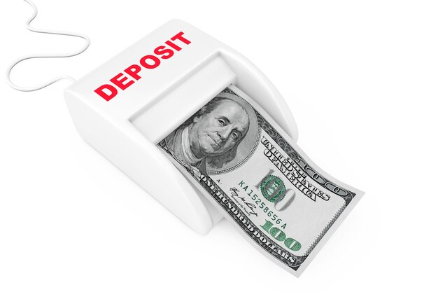 Geld verdienen mit Einzahlungskonzept. Money Maker Deposit Machine mit Dollar-Banknote auf weißem Hintergrund. 3D-Rendering