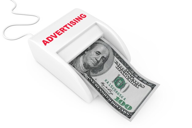 Geld verdienen mit Werbekonzept. Money Maker-Werbemaschine mit Dollar-Banknote auf weißem Hintergrund. 3D-Rendering
