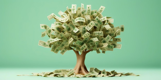 Geldbaum auf hellgrünem Hintergrund Blätter als Dollarscheine Anlagekonzept Generative KI