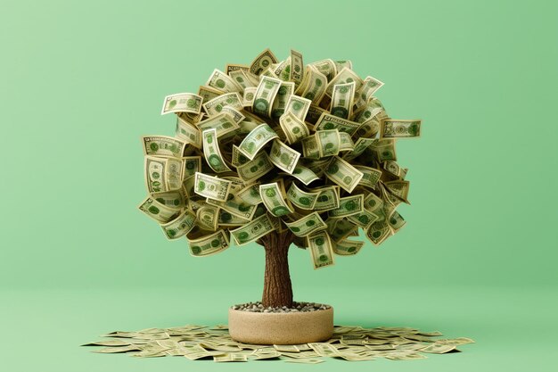 Geldbaum mit Dollars statt Blättern auf hellgrünem, leerem Hintergrund. KI-generativ
