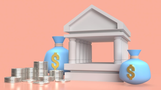 Geldbeutel und Bankgebäude für 3D-Rendering des Geschäftskonzepts