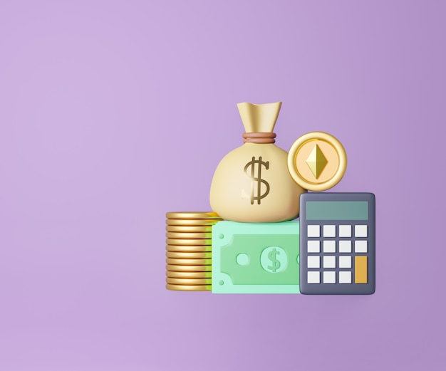 Geldbeutel und Taschenrechner der Goldmünze 3d auf purpurrotem Hintergrund. Wiedergabe der Abbildung 3D.