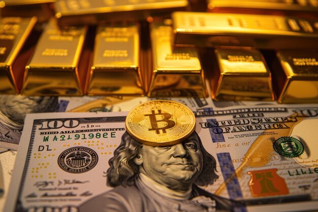 Geldgespräche Hundert-Dollar-Scheine Goldbarren und Bitcoin-Währung