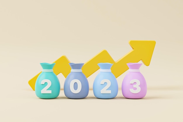 Geldsack mit Jahr 2023 und Pfeilwachstum im Hintergrund Sparen Sie Geld und Investitionskonzept 3D-Renderillustration
