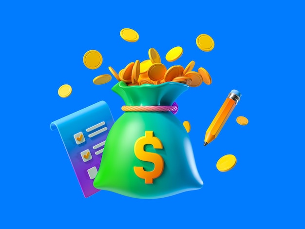 Geldsack mit Leerzeichen und Pancil auf blauem Hintergrund 3D-Darstellung