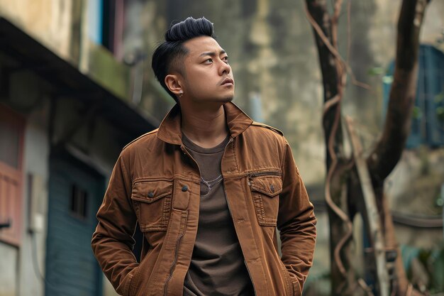 Gelegentlicher asiatischer Mann mit brauner Jacke Straßenfoto Generate Ai