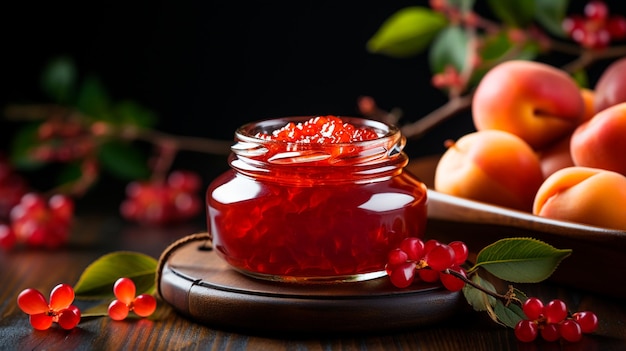 Foto geléia de ameixa doce em potes de vidro com ameixas frescas e geléia de ameixa fresca na mesa de madeira