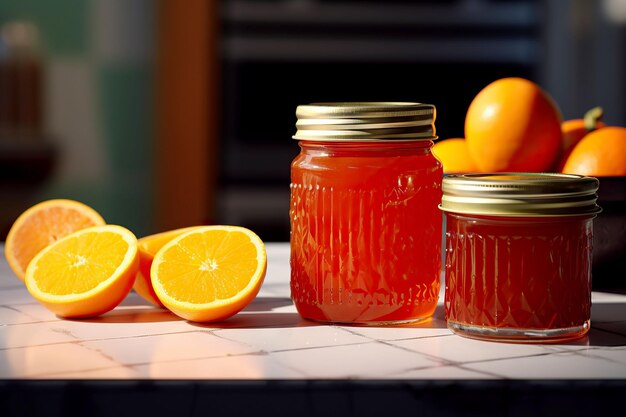 geleia de laranja em um frasco de vidro laranjas frescas em um fundo de concreto cinza